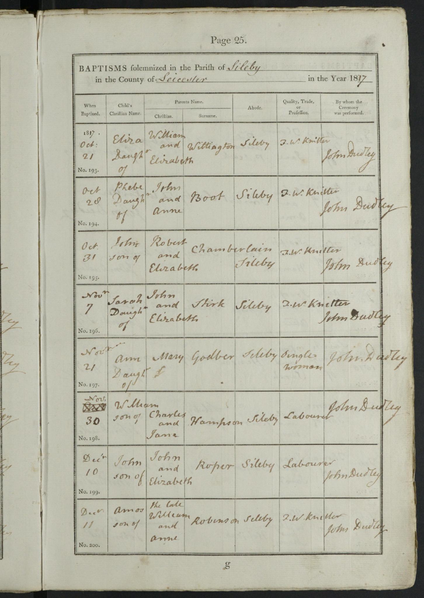 Baptism Sileby, Leicestershire, England (St. Mary's Church) 7 Nov 1817 Sarah Stirk