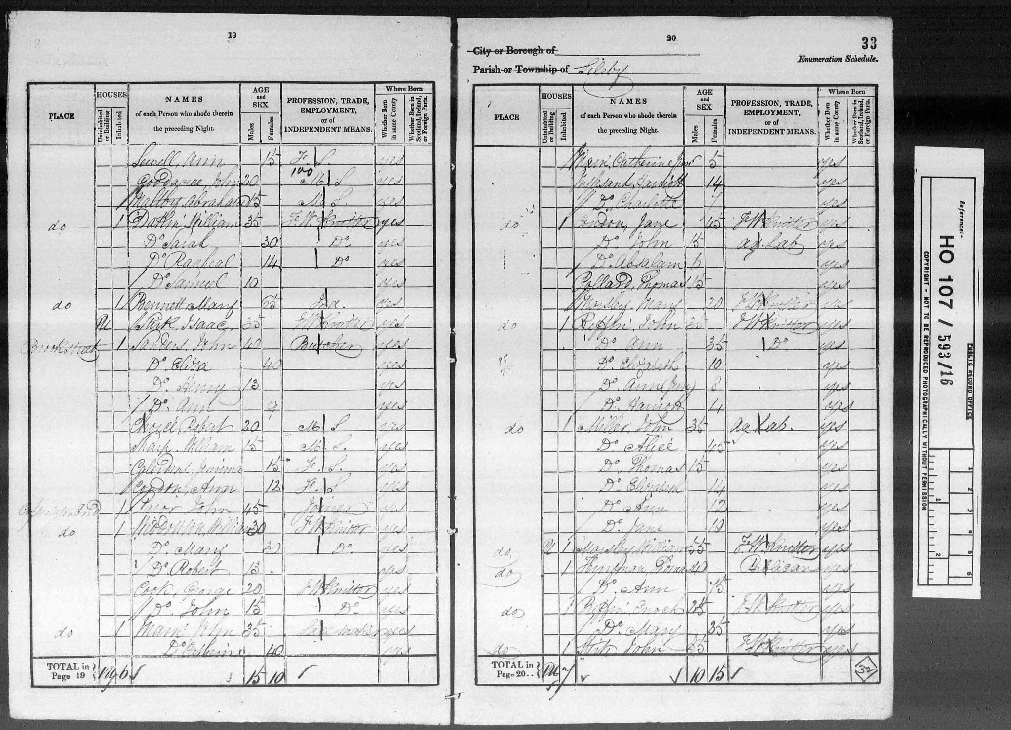 Census England 1841 HO107-593 Book:16 Folio:33 Page:20 Schedule:1020