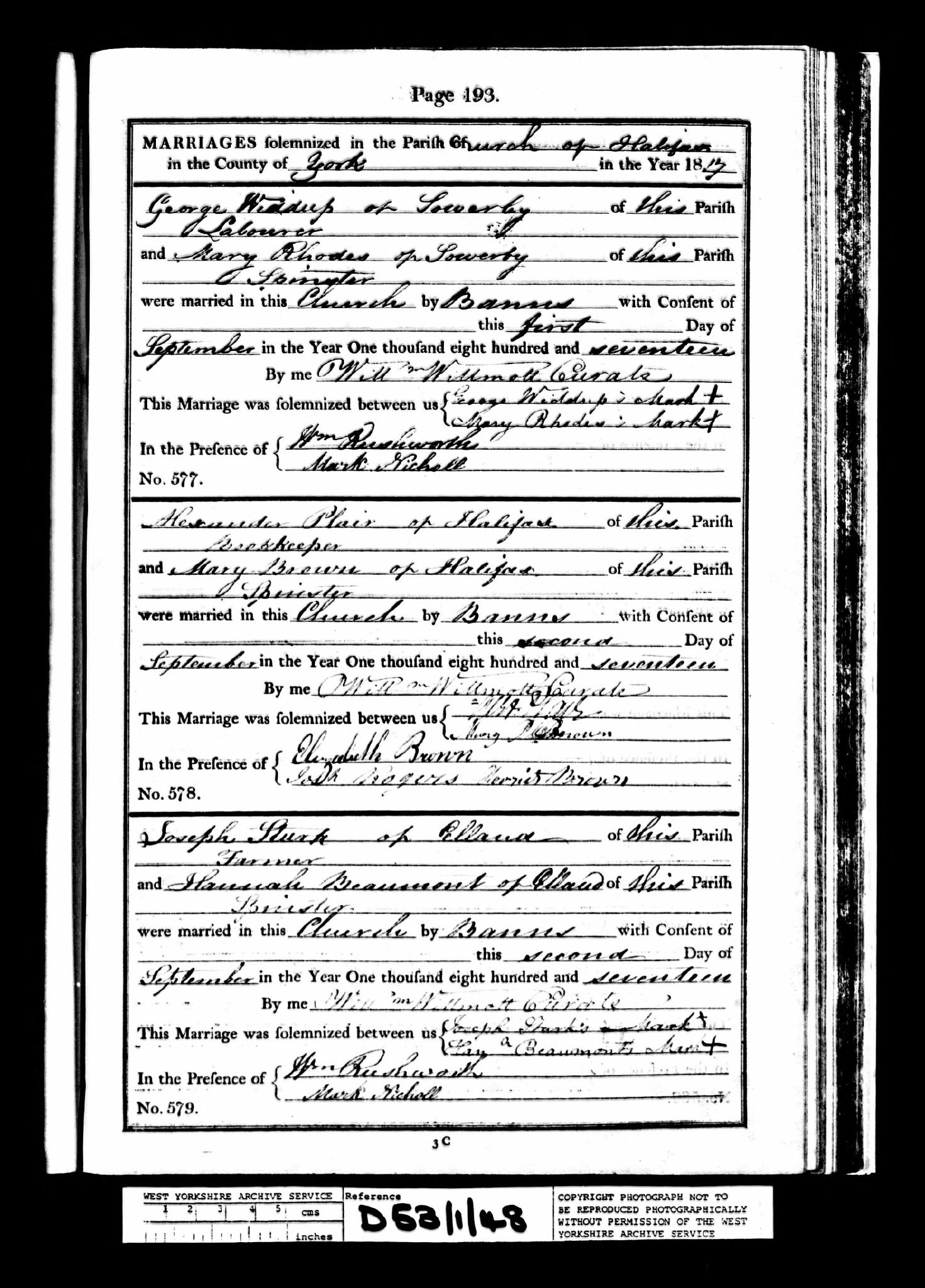 Marriage Halifax, Yorkshire, England (St. John's Church) 2 Sep 1817 Joseph Stirk & Hannah Beaumont