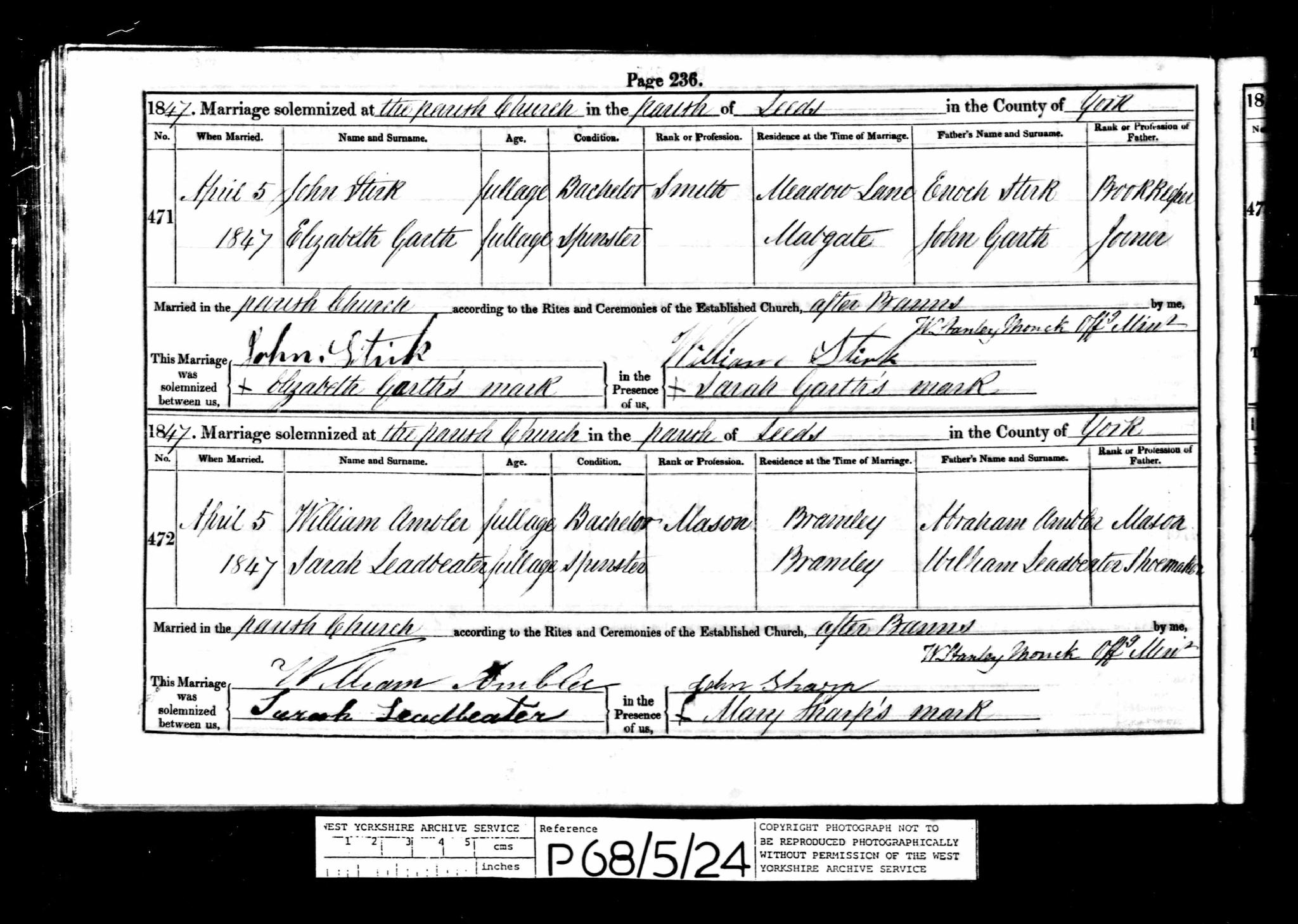 Marriage Leeds, Yorkshire, England (St. Peter's Church (Leeds Parish)) 5 Apr 1847 John Stirk & Elizabeth Garth