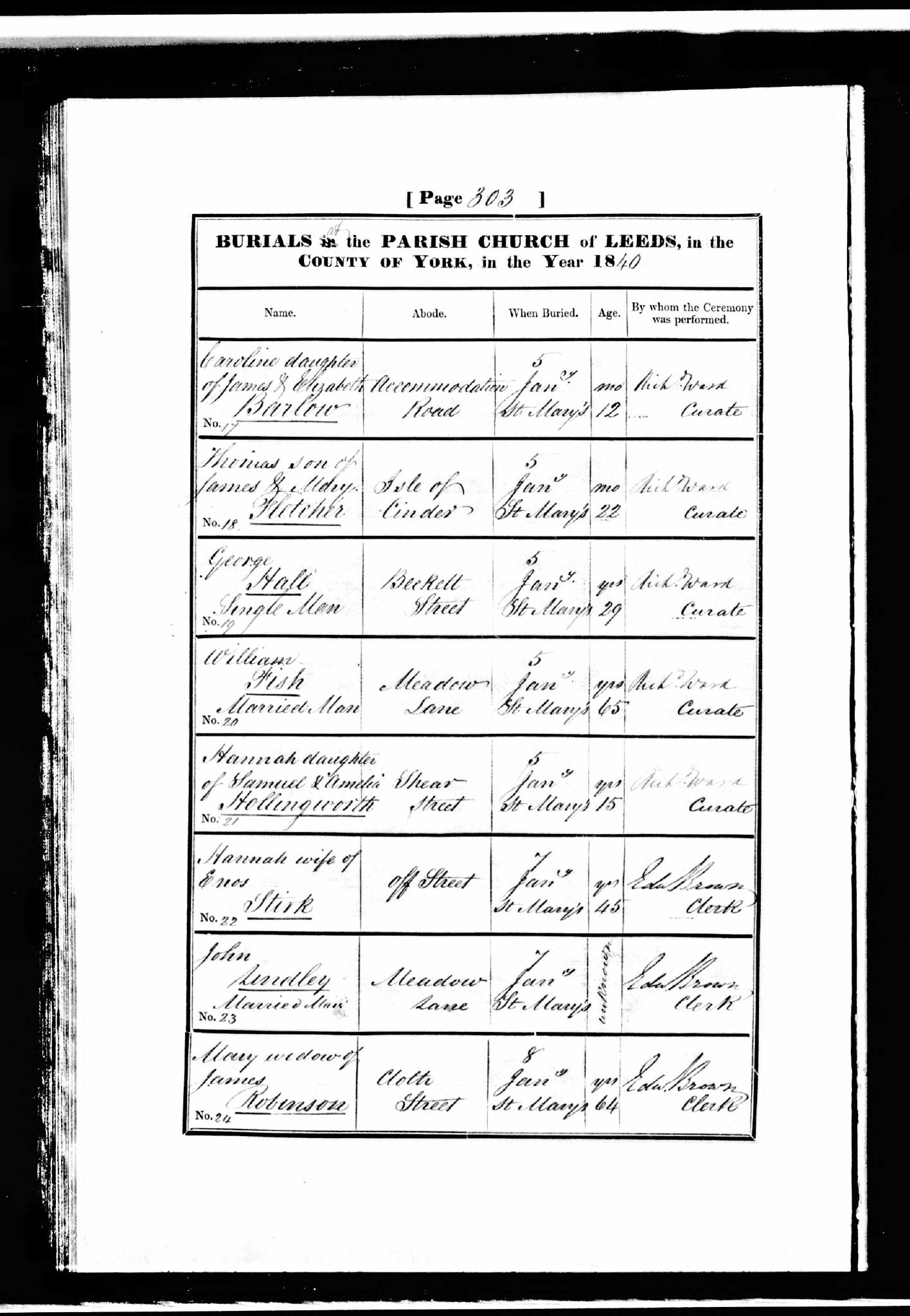 Burial Leeds, Yorkshire, England (St. Peters (St. Marys, Mabgate)) 7 Jan 1840 Ann Stirk