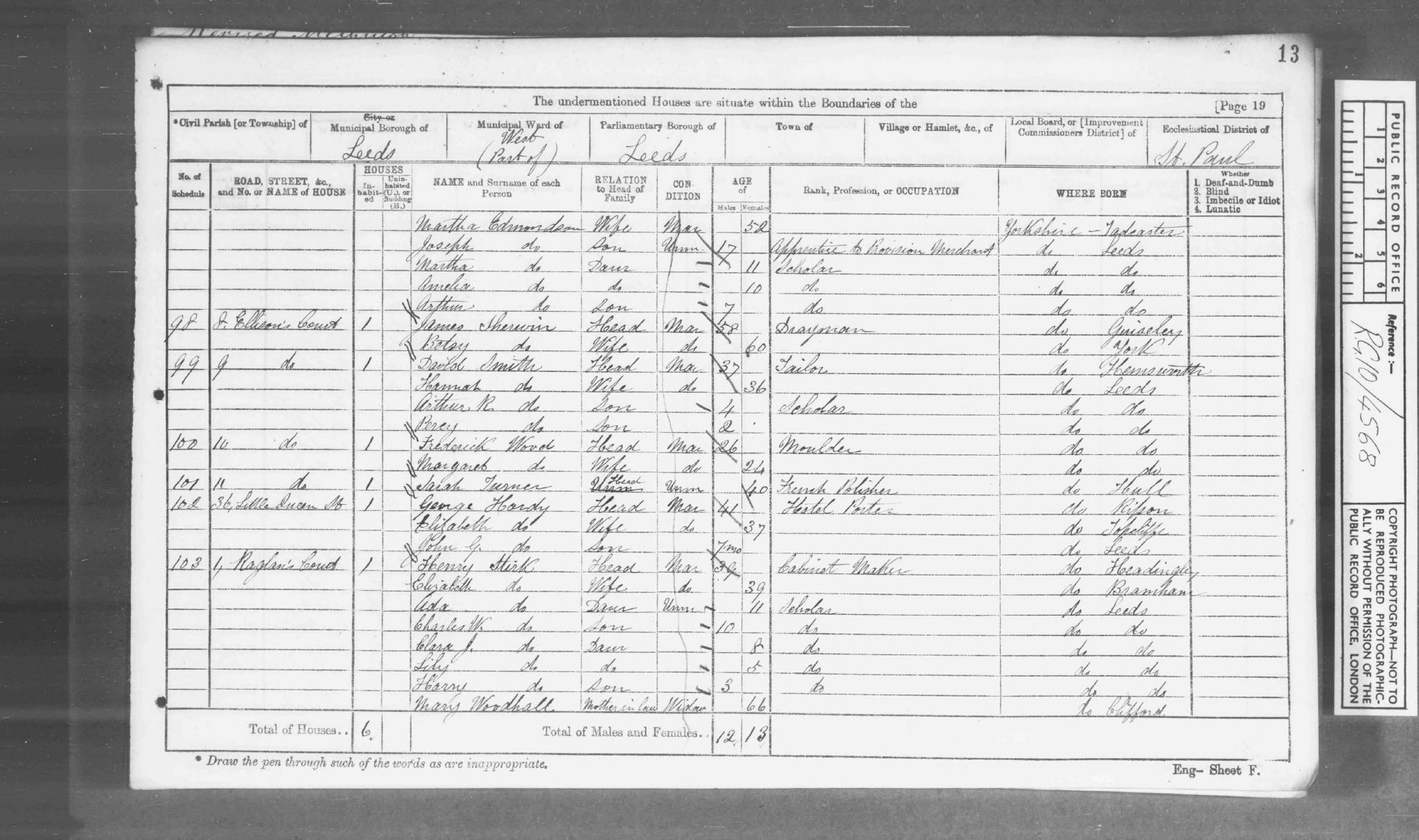Census England 1871 RG10-4568 Folio-13 Page-19 Schedule-103