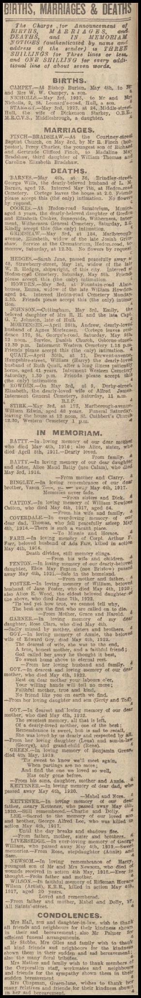 1923-05-03 Hull Daily Mail - Obituary of William Edwin STIRK