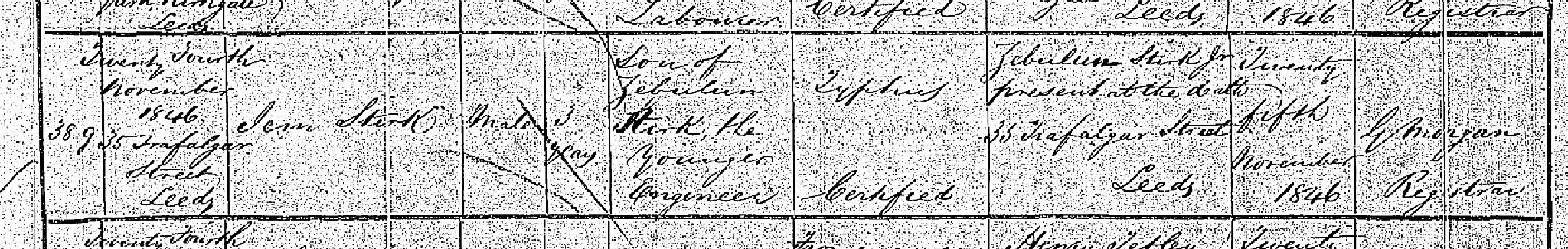 Death Leeds, Yorkshire, England (35, Trafalgar Street) 24 Nov 1846 Jem Stirk