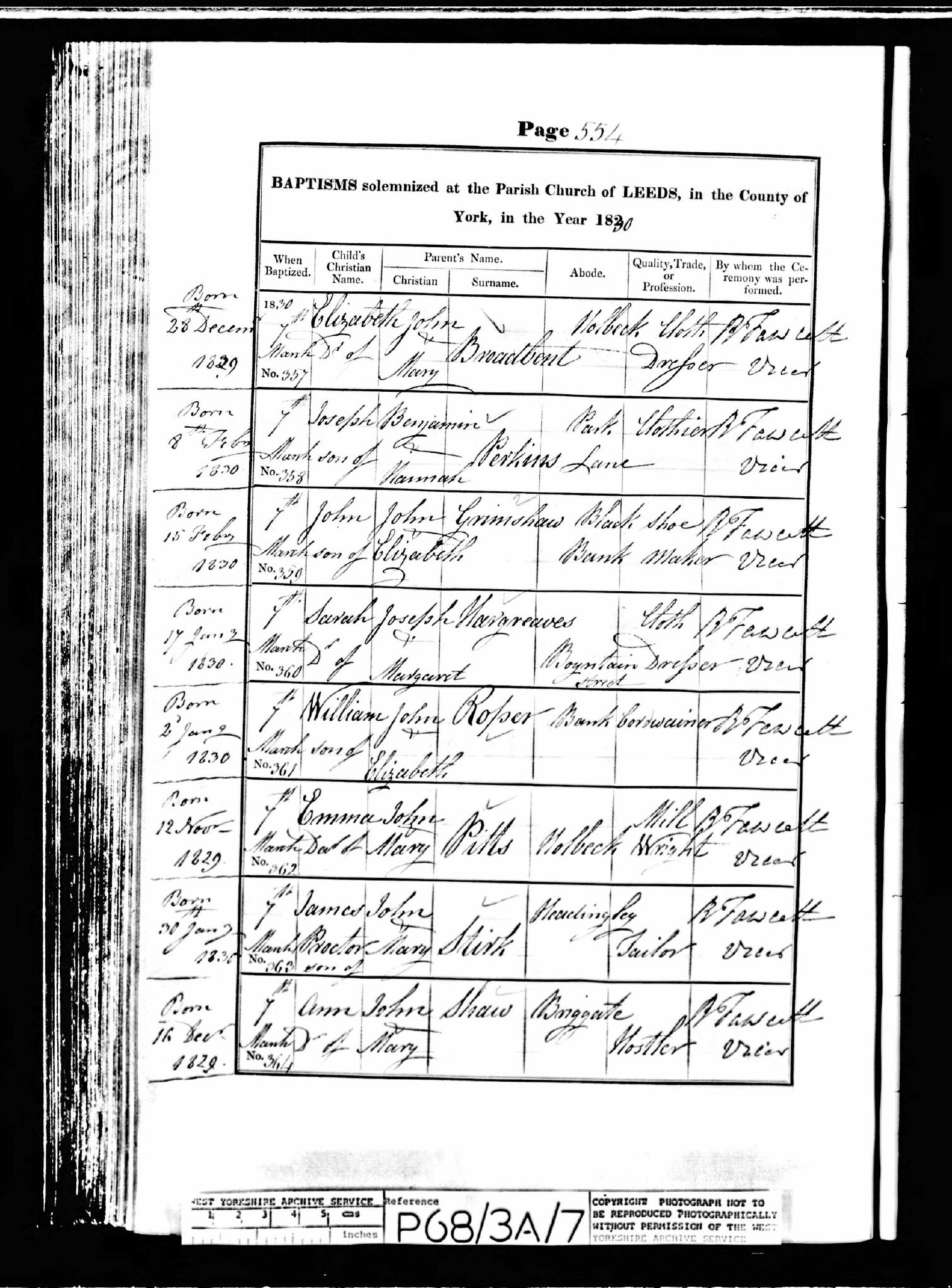 Baptism Leeds, Yorkshire, England (St. Peter's Church (Leeds Parish)) 7 Mar 1830 James Proctor Stirk