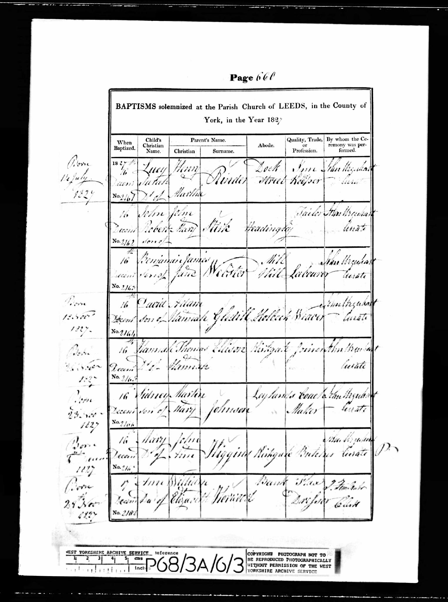 Baptism Leeds, Yorkshire, England (St. Peter's Church (Leeds Parish)) 16 Dec 1827 John Robert Stirk