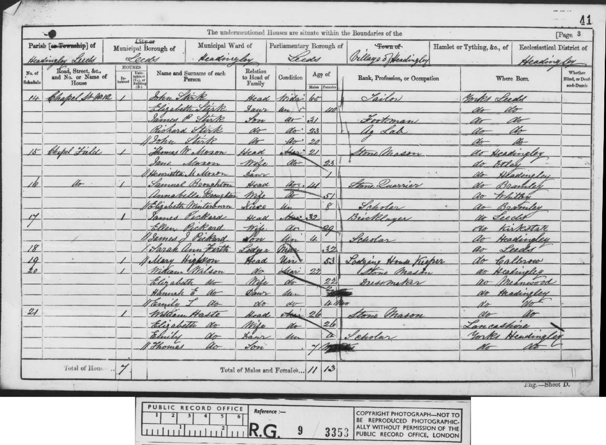 Census England 1861 RG09-3353 Folio-41 Page-3 Schedule-14