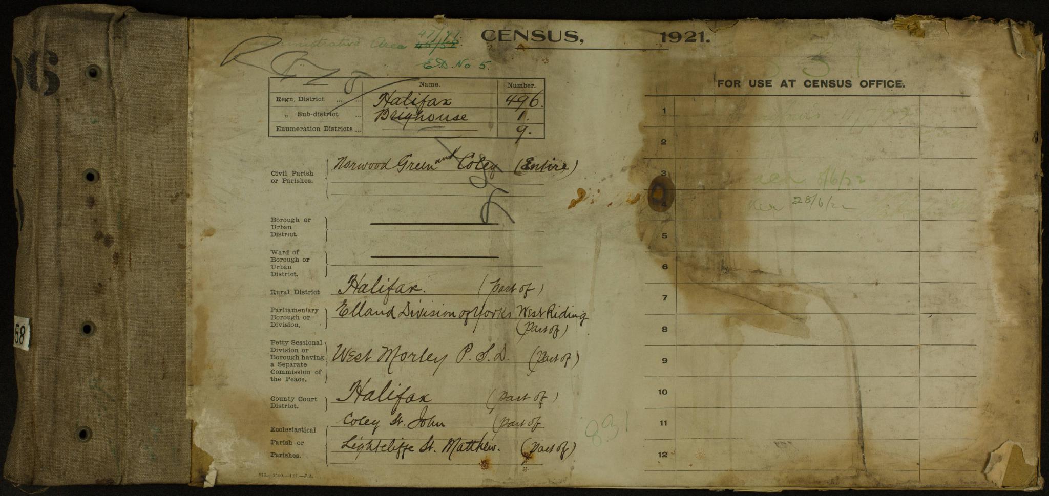 Census England 1921 RG15-21458 RD-496 SD-1 ED-9 SN-180