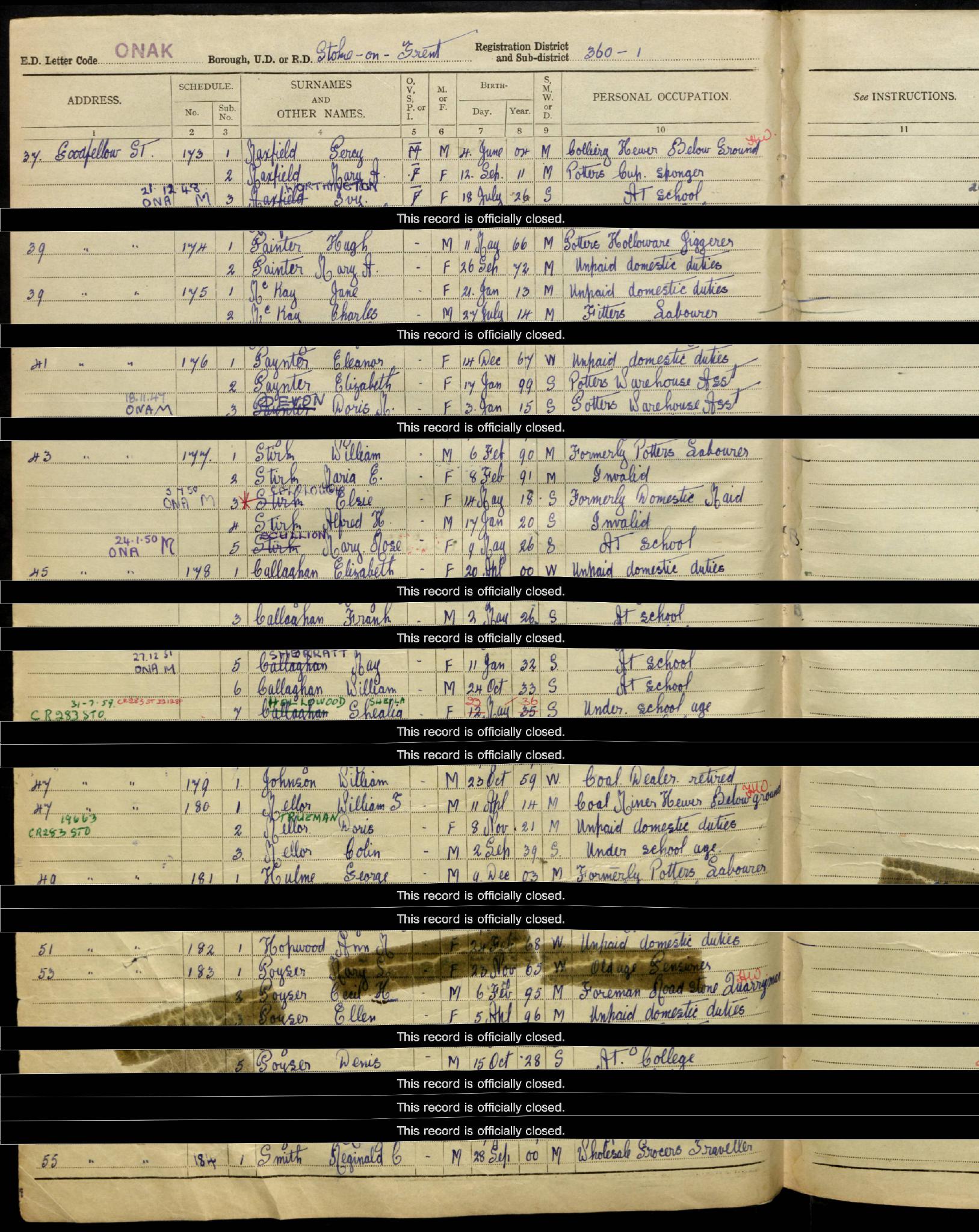 Register England & Wales 1939 RG101/5275G/016/14 Letter Code:ONAK Schedule: 177