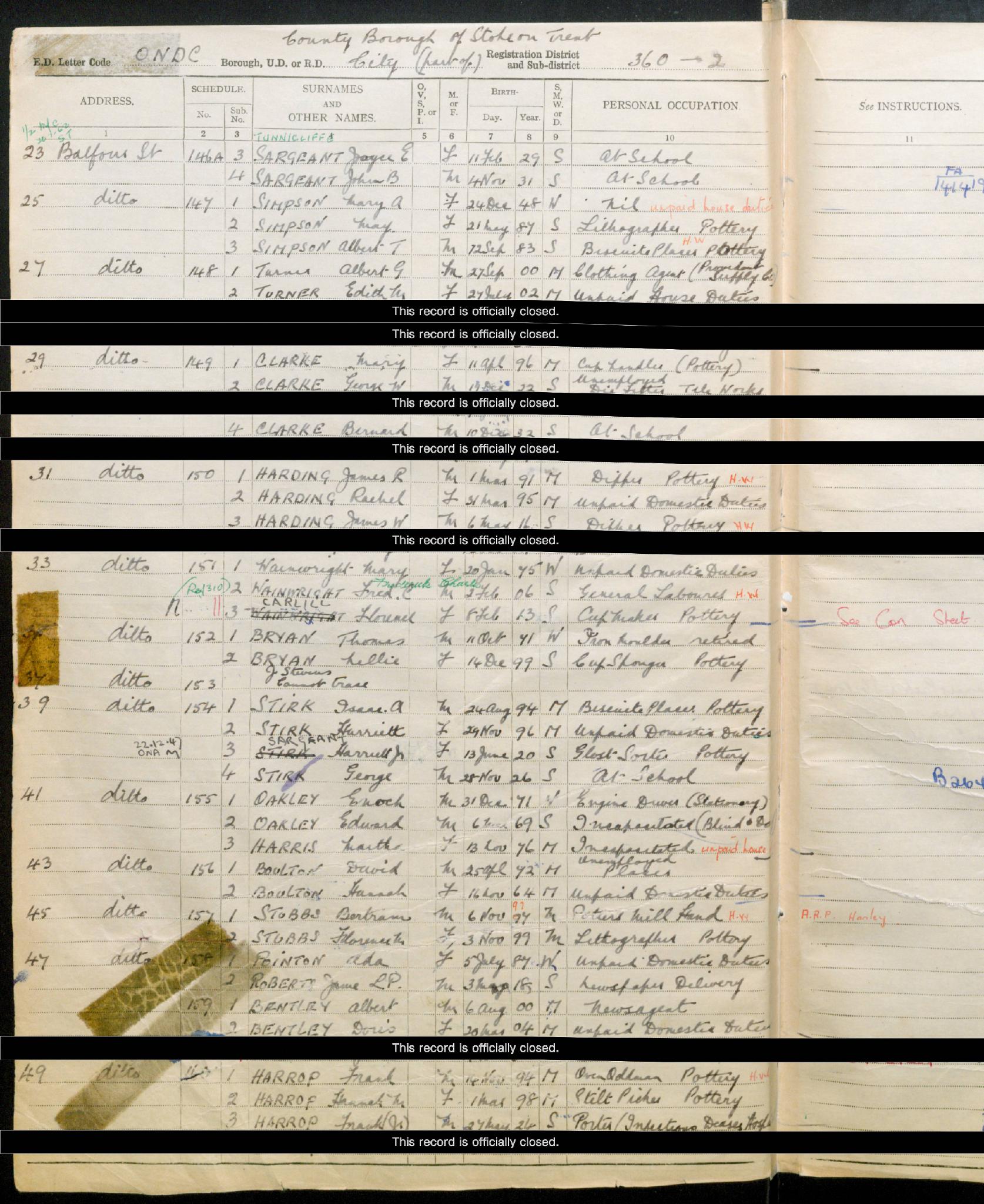 Register England & Wales 1939 RG101/5285J/013/25 Letter Code:ONDC Schedule: 154