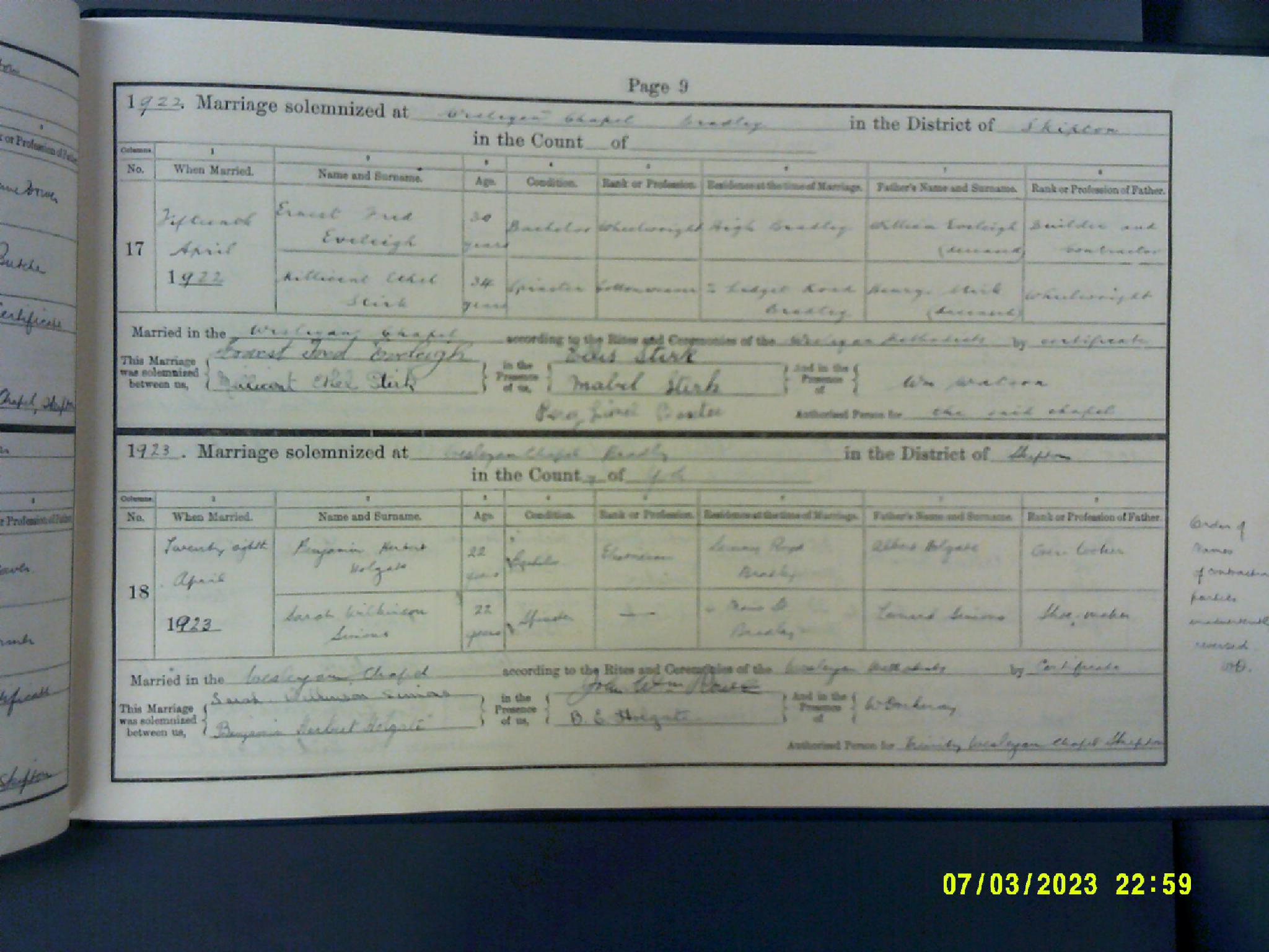 Marriage Bradley, Yorkshire, England (Wesleyan Chapel) 14 Apr 1922 Ernest Fred Eveleigh & Millicent Ethel Stirk