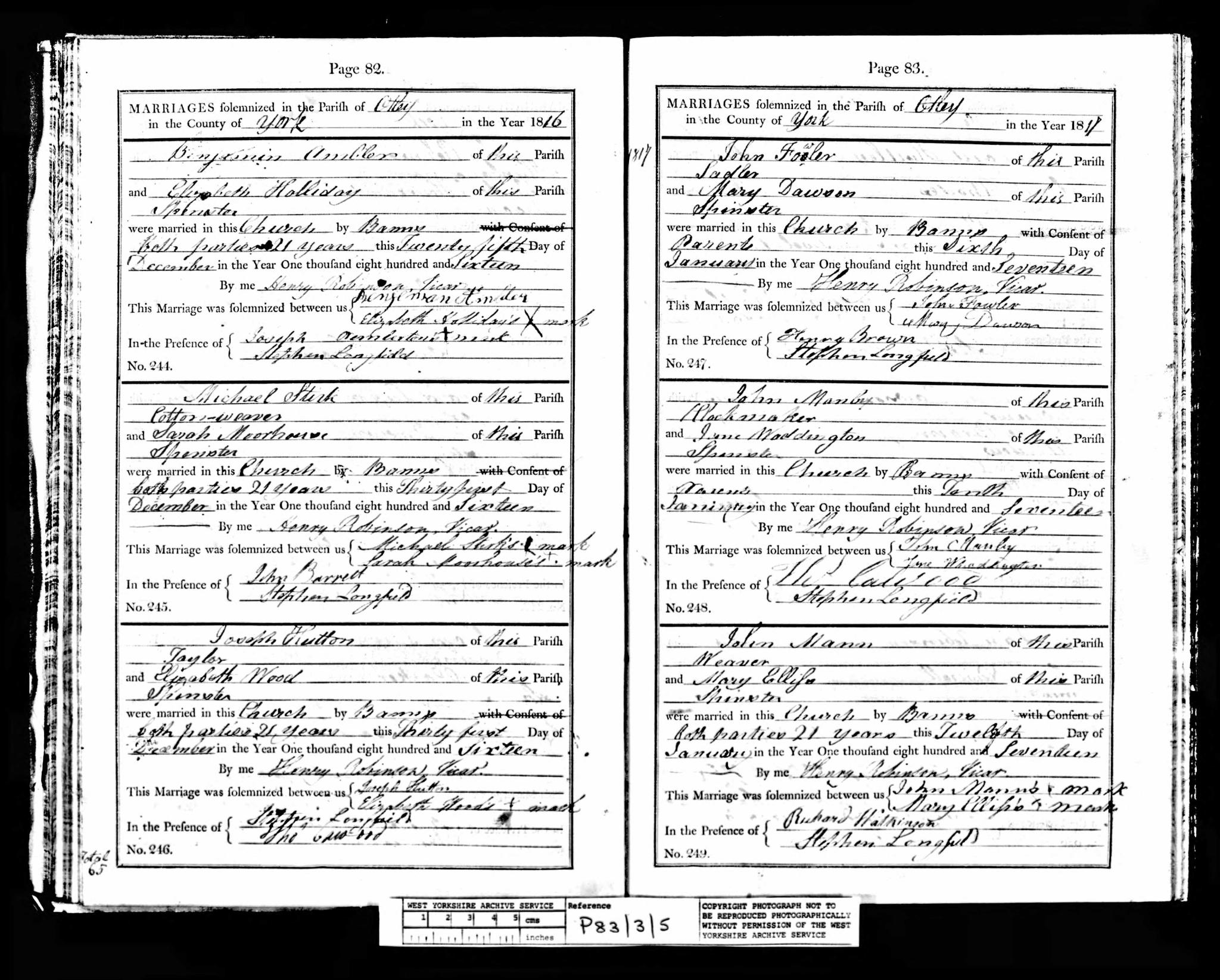Marriage Otley, Yorkshire, England (All Saints Church) 31 Dec 1816 Michael Stirk & Sarah Moorhouse