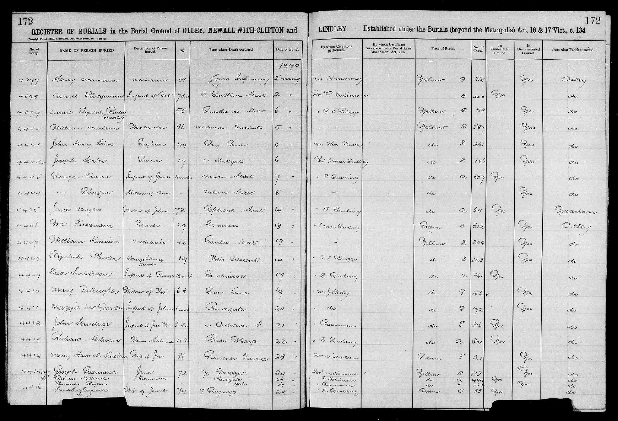 Otley Cemetery Page 172 Reg 5 (1889-1895)
