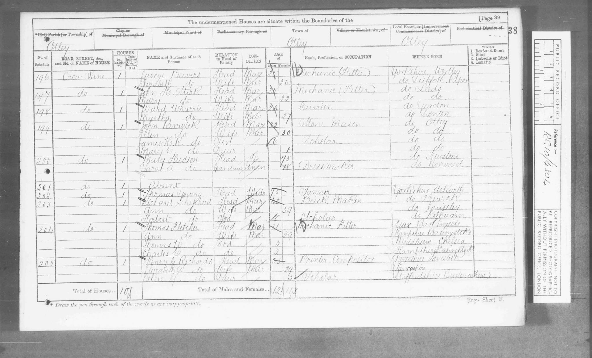Census England 1871 RG10-4304 Folio-38 Page-39 Schedule-197
