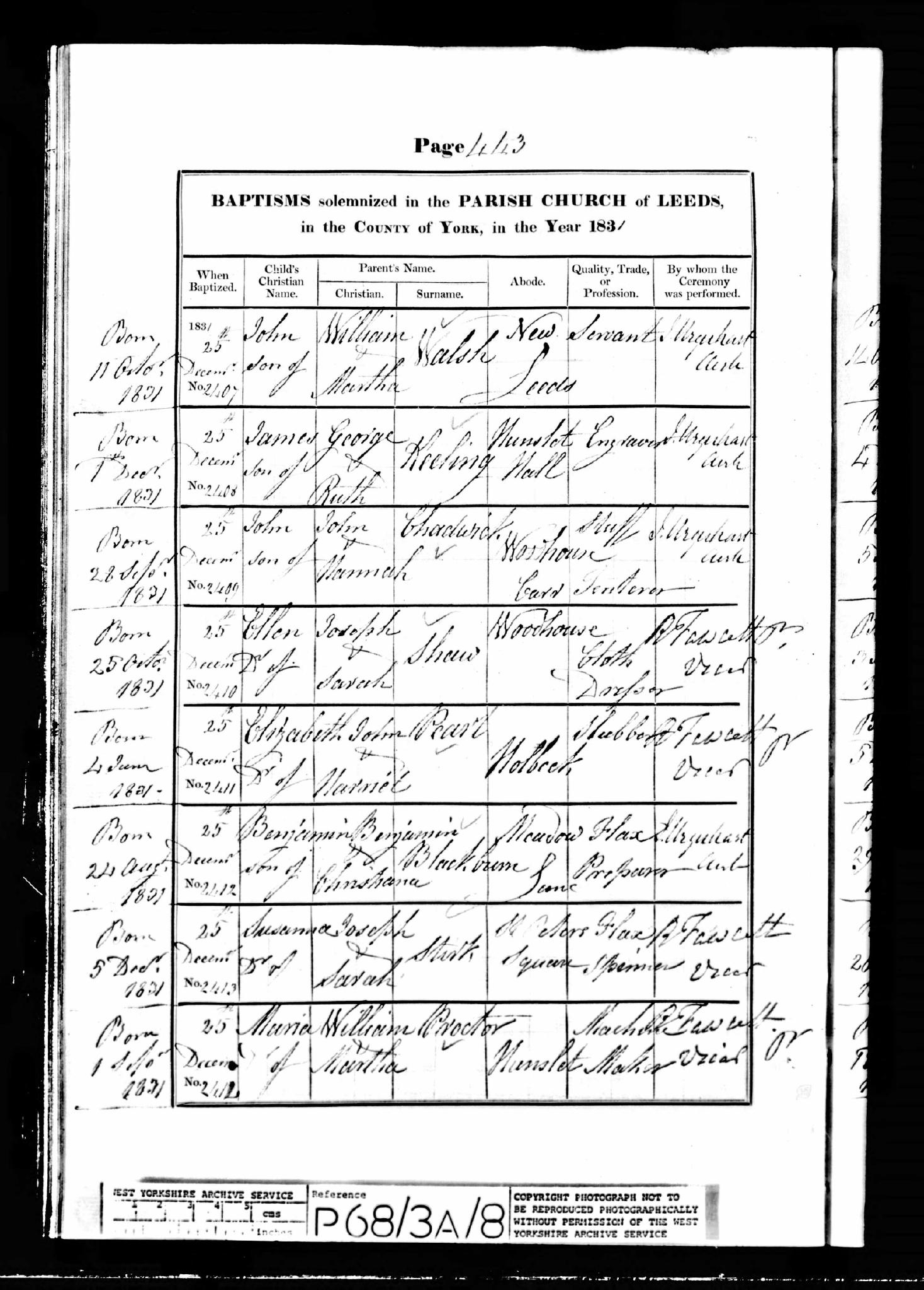 Baptism Leeds, Yorkshire, England (St. Peter's Church (Leeds Parish)) 25 Dec 1831 Susannah Stirk