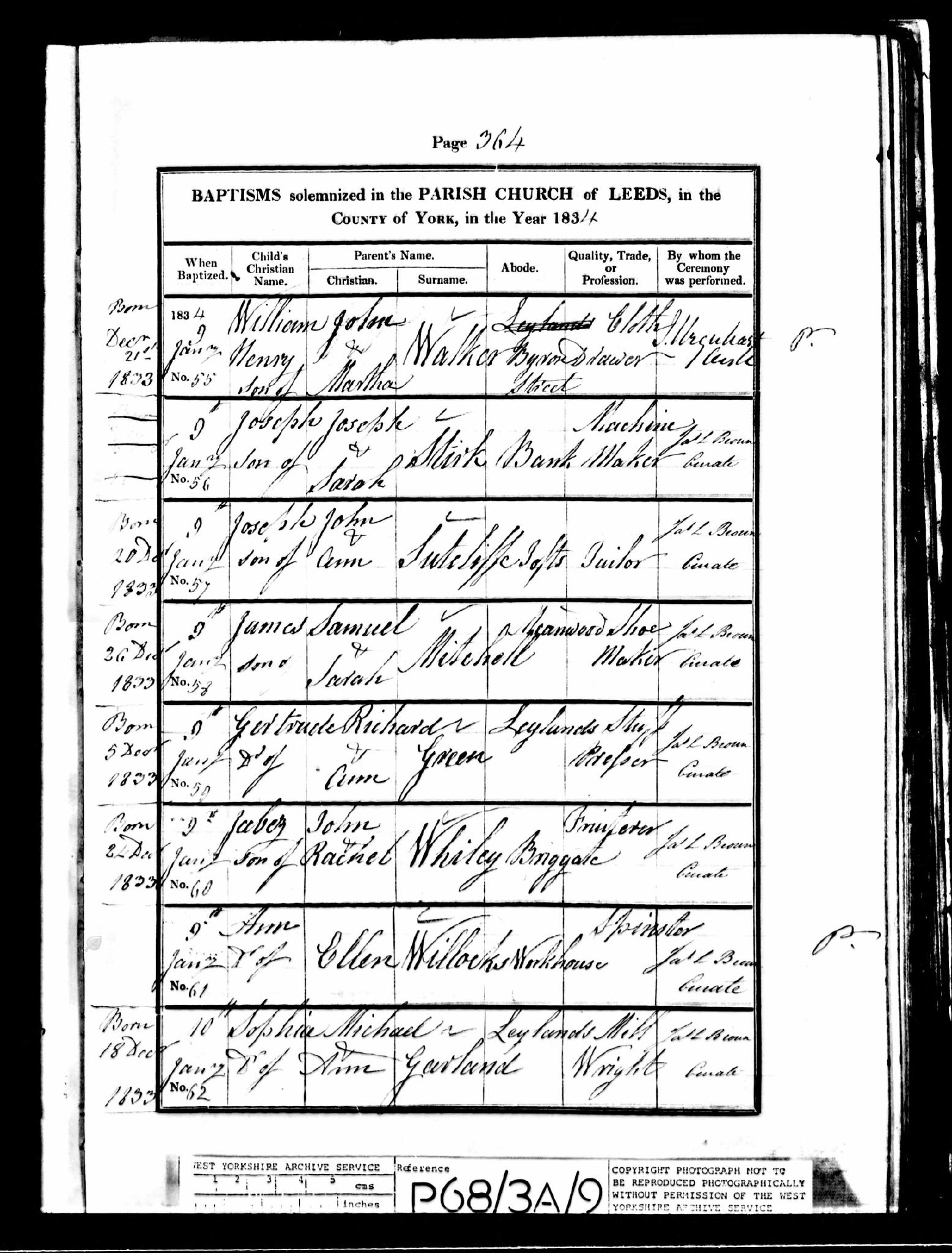 Baptism Leeds, Yorkshire, England (St. Peter's Church (Leeds Parish)) 9 Jan 1834 Joseph Stirk