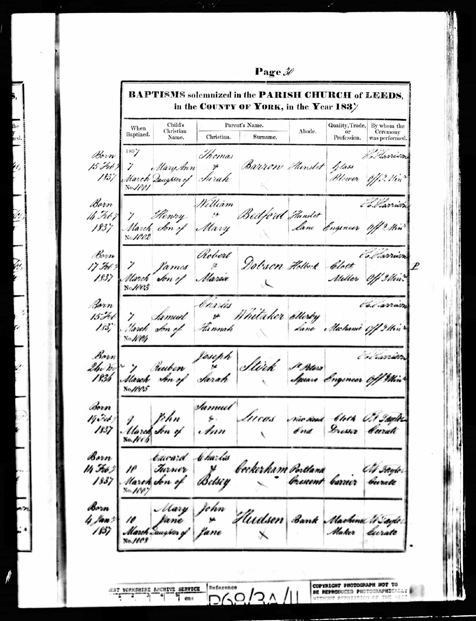 Baptism Leeds, Yorkshire, England (St. Peter's Church (Leeds Parish)) 7 Mar 1837 Reuben Stirk
