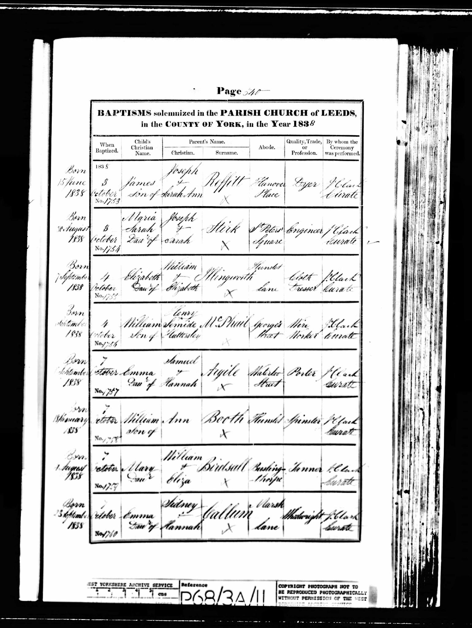 Baptism Leeds, Yorkshire, England (St. Peter's Church (Leeds Parish)) 3 Oct 1838 Maria Sarah Stirk