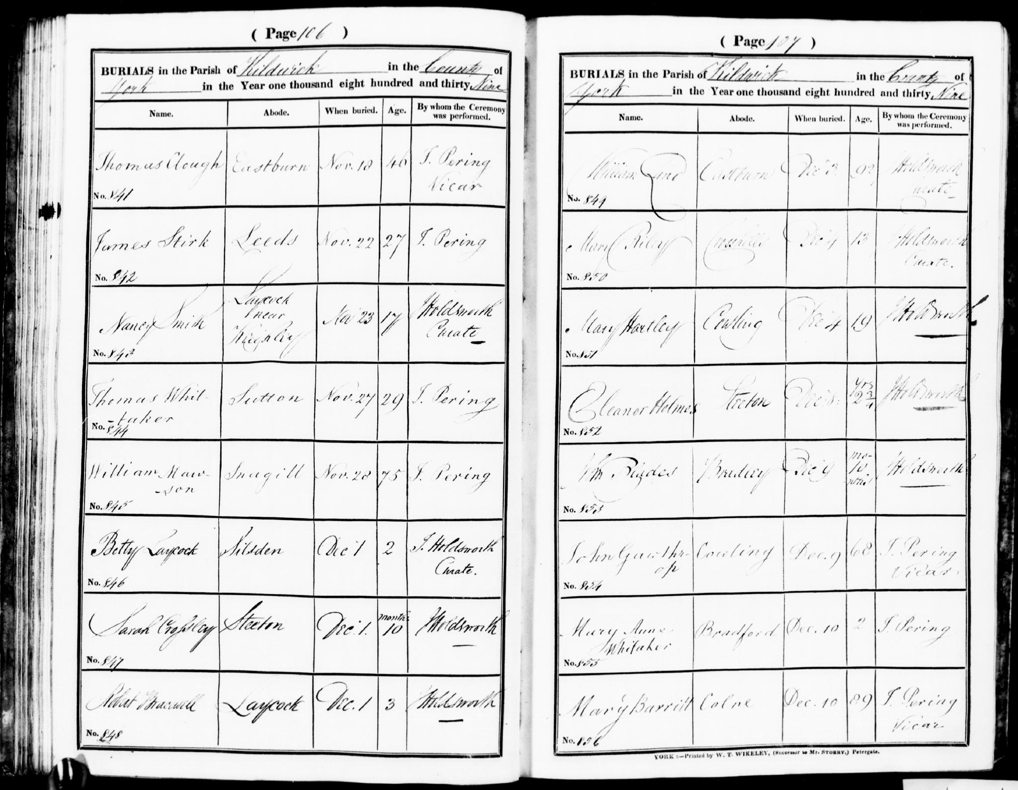 Burial Kildwick, Yorkshire, England (St. Andrews Church) 22 Nov 1839 James Stirk