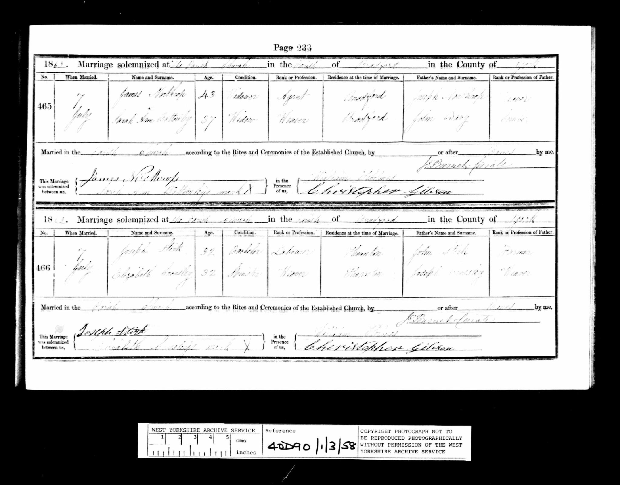 Marriage Bradford, Yorkshire, England (St. Peters) 7 Jul 1860 Joseph Stirk & Elizabeth Crossley