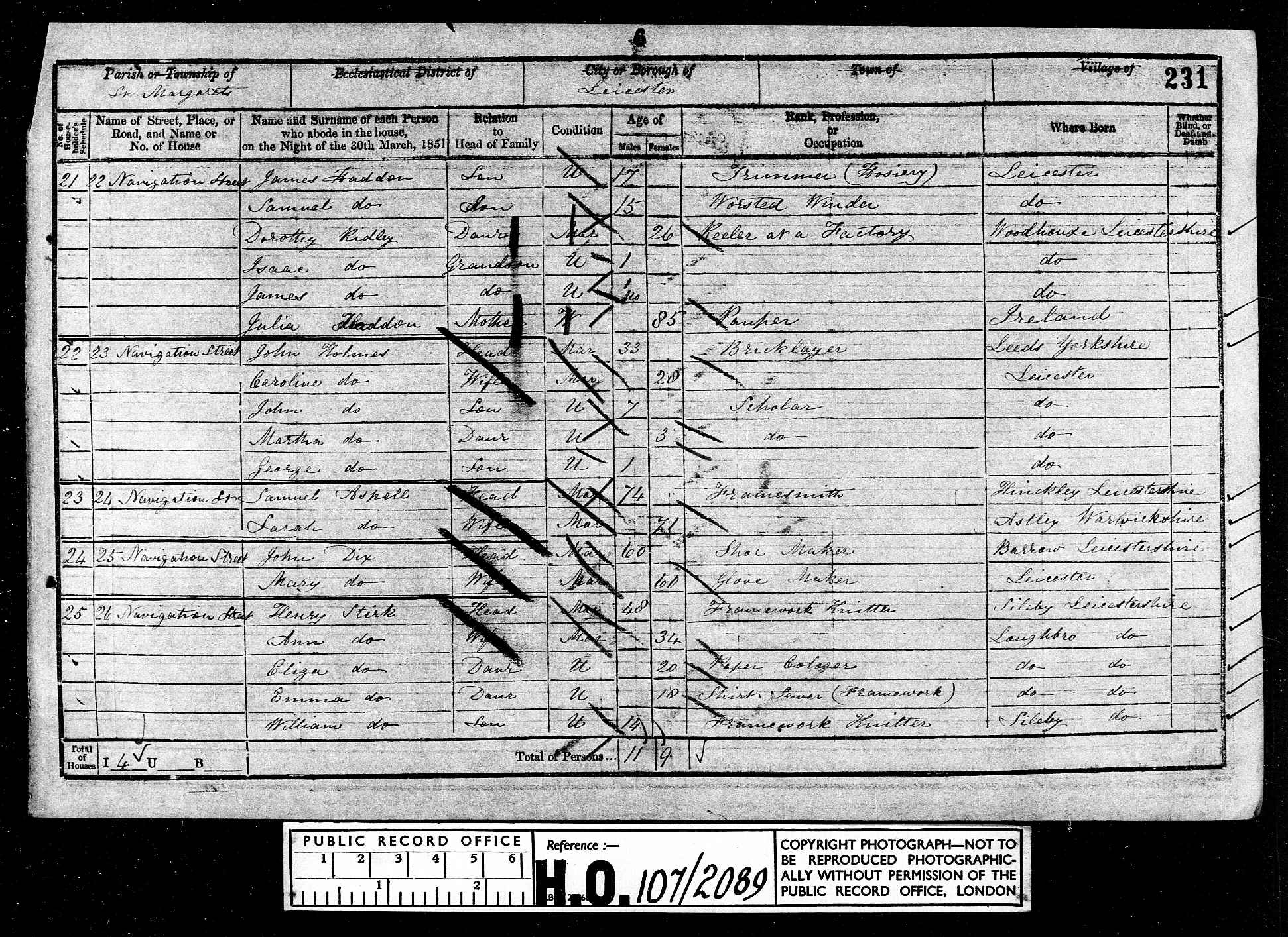 Census 1851 Leicester, Leicestershire, England HO107-2089 Folio-231 Page-006