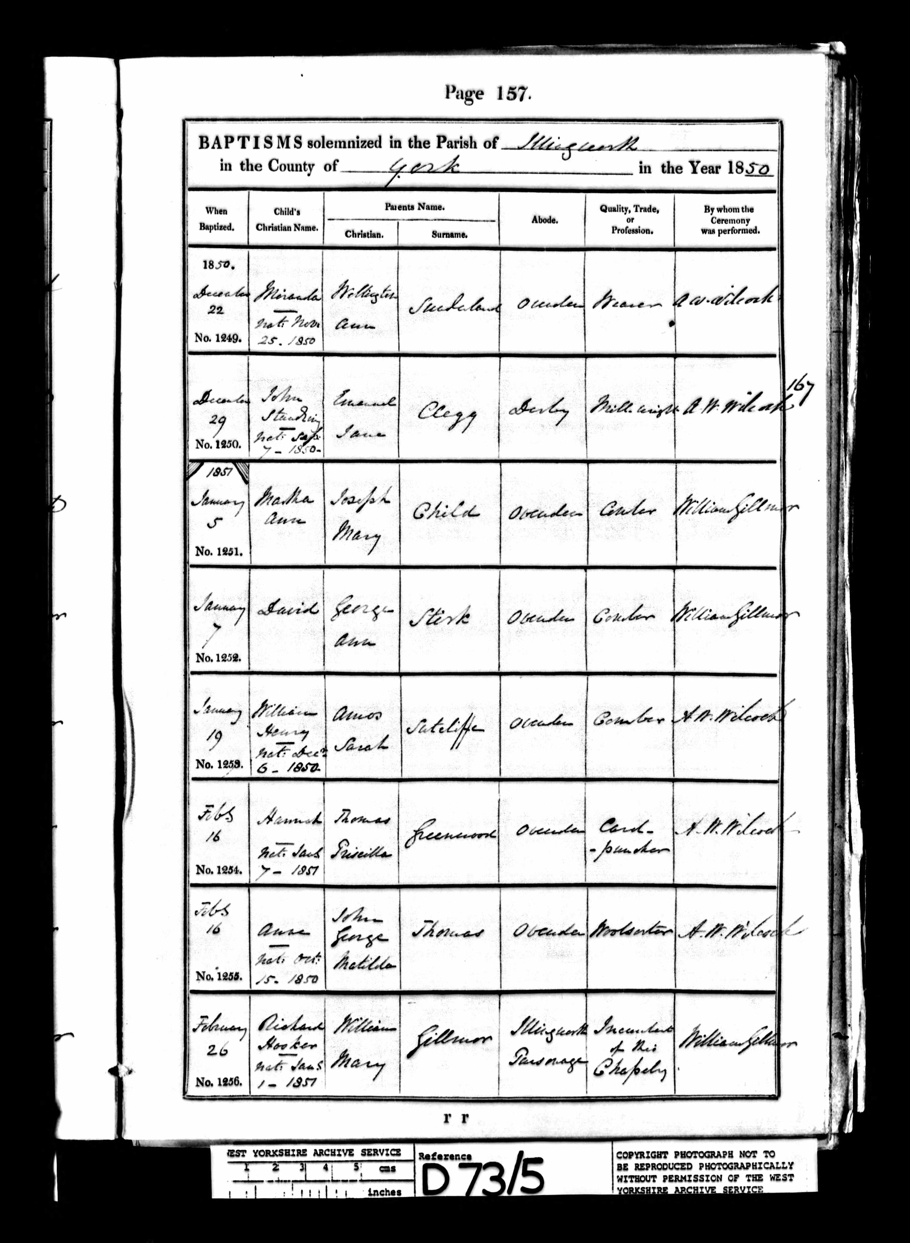 Baptism Illingworth, Yorkshire, England (St Mary's Church) 7 Jan 1851 David Stirk