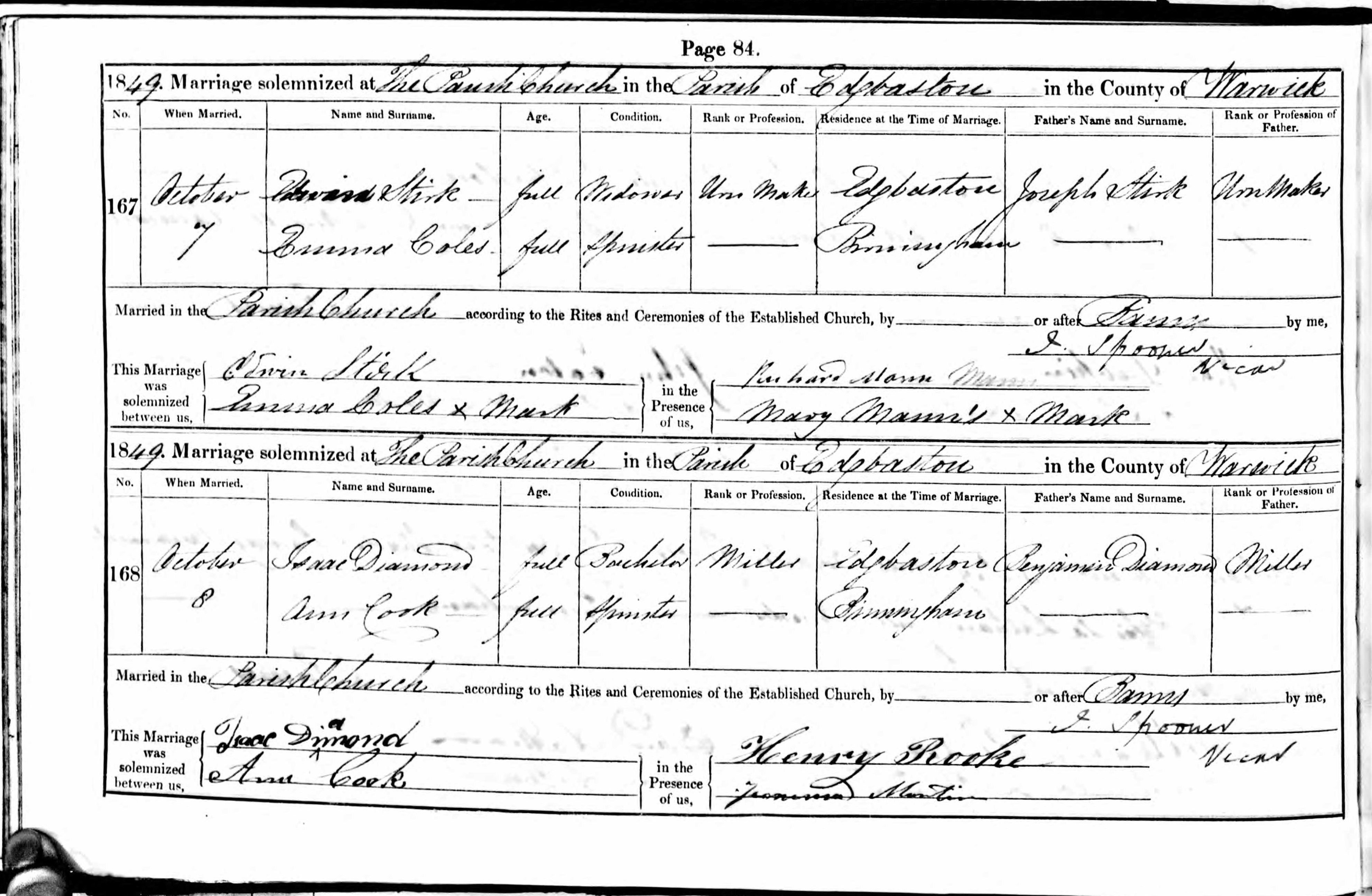 Marriage Edgbaston, Warwickshire, England (St Bartholomew's Church) 7 Oct 1849 Edwin Stirk & Emma Coles