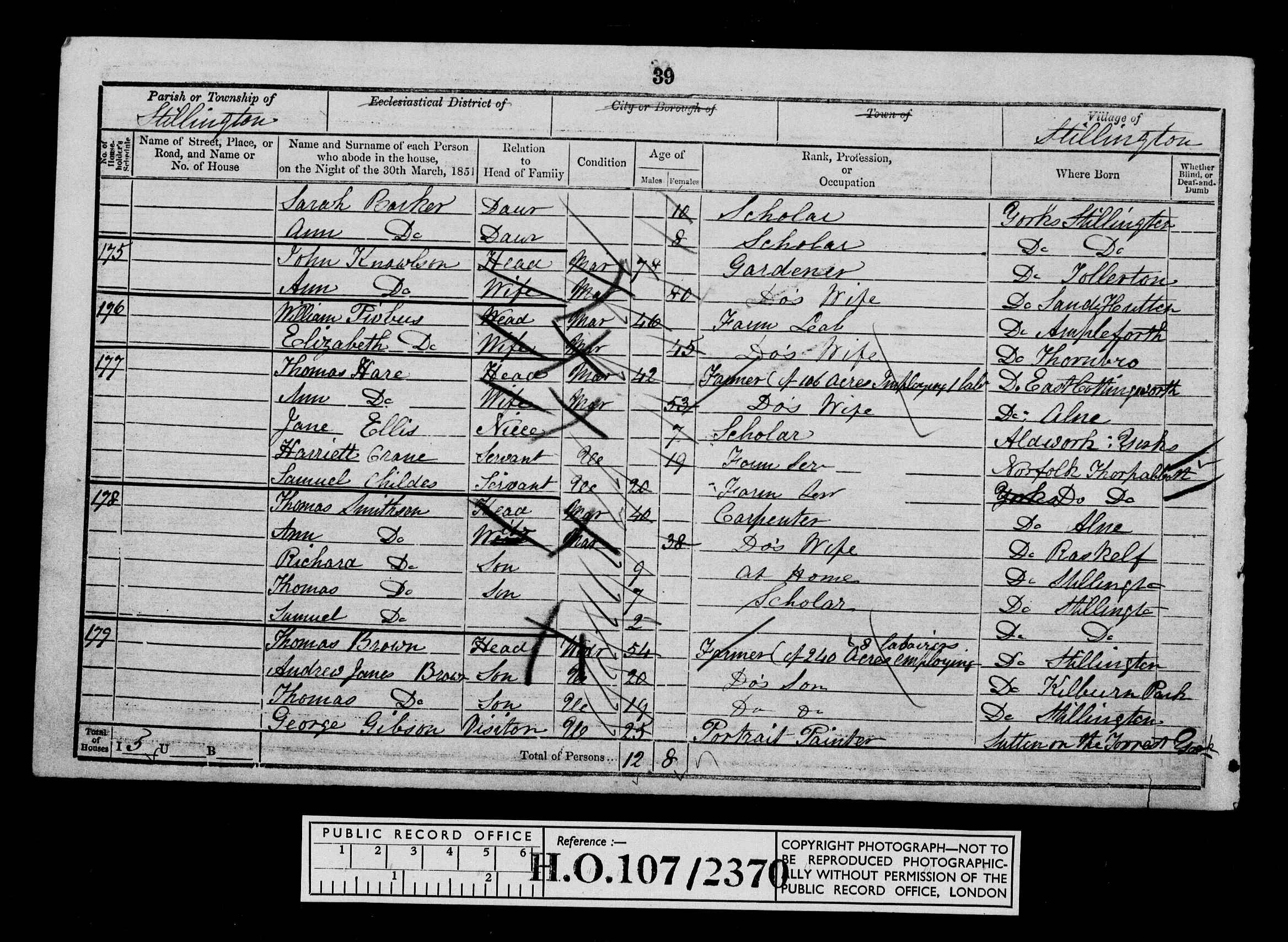 Census 1851 Stillington, Yorkshire, England HO107-2370 Folio-060 Page-039 Schedule-179