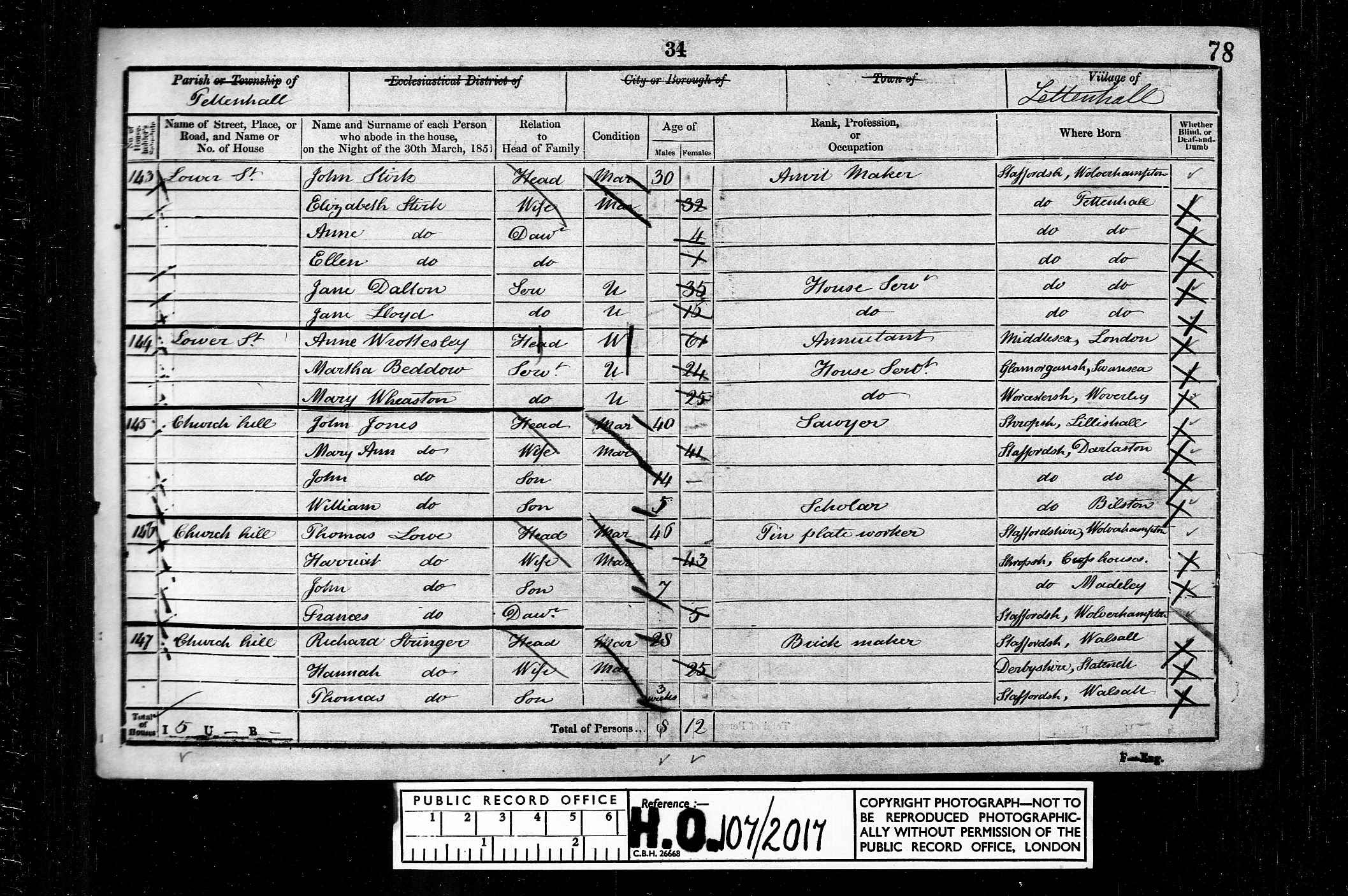 Census 1851 Tettenhall, Staffordshire, England HO107-2017 Folio-078 Page-034 Schedule-143