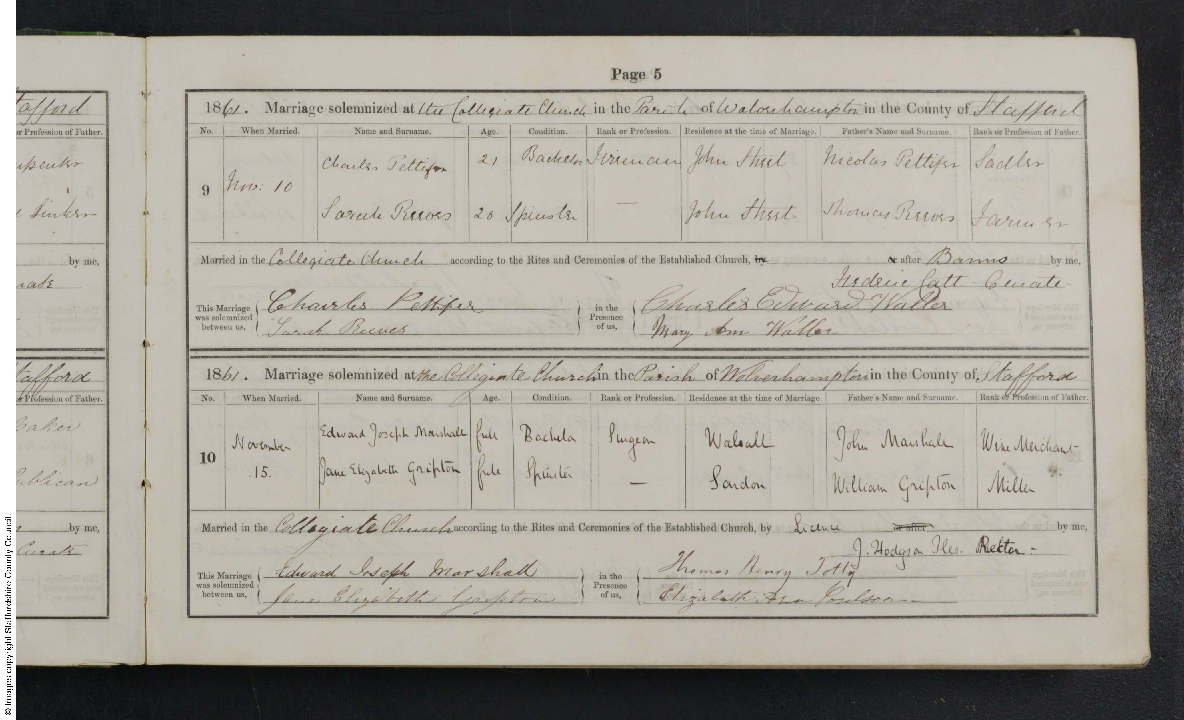 Marriage Wolverhampton, Staffordshire, England (St. Peter's Church) 15 Nov 1861 Edward Joseph Marshall & Jane Elizabeth Gripton