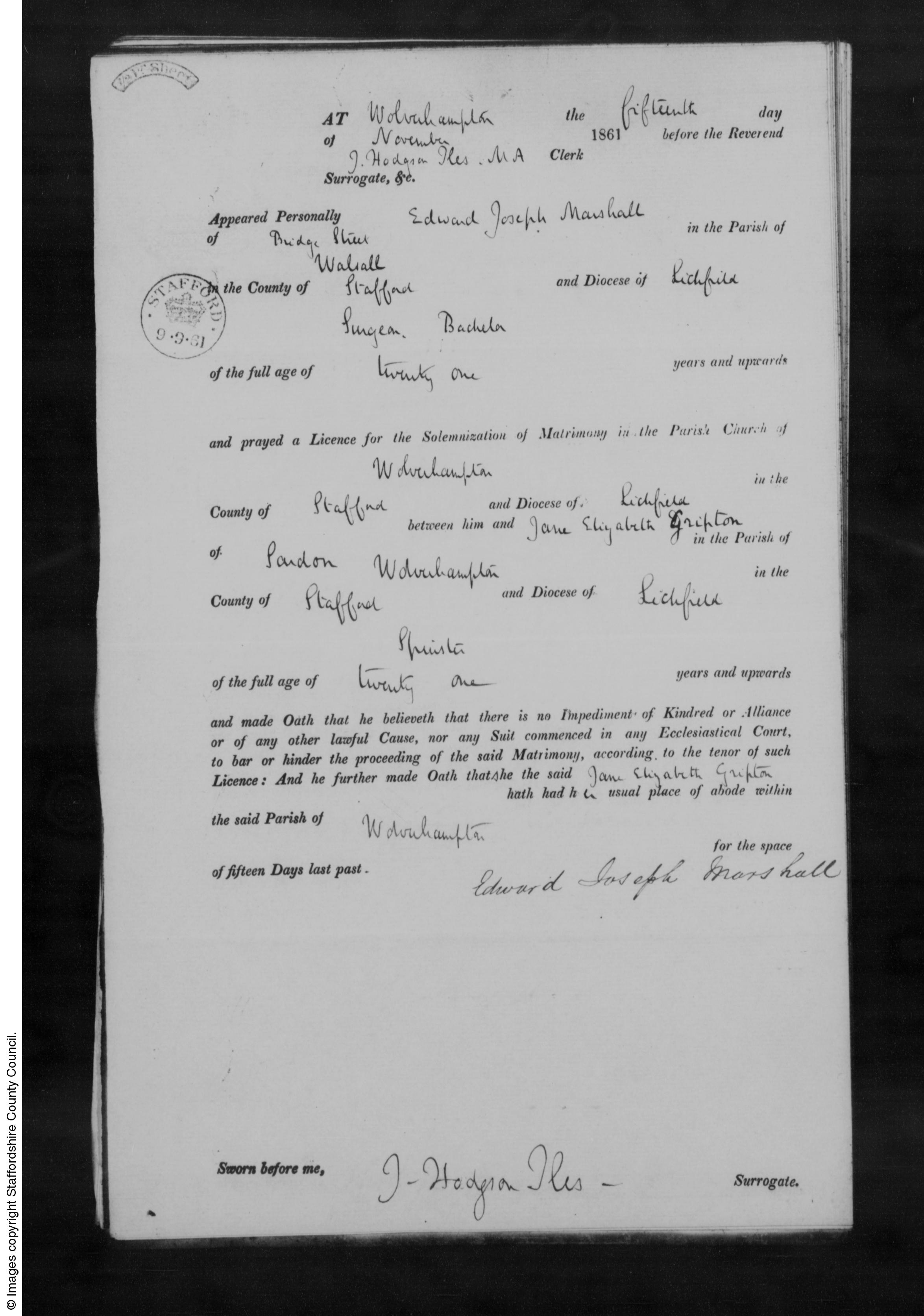 0O888 Marriage Wolverhampton, Staffordshire, England (St. Peter_s Church) 15 Nov 1861 Edward Joseph Marshall & Jane Elizabeth Gripton License.jpg