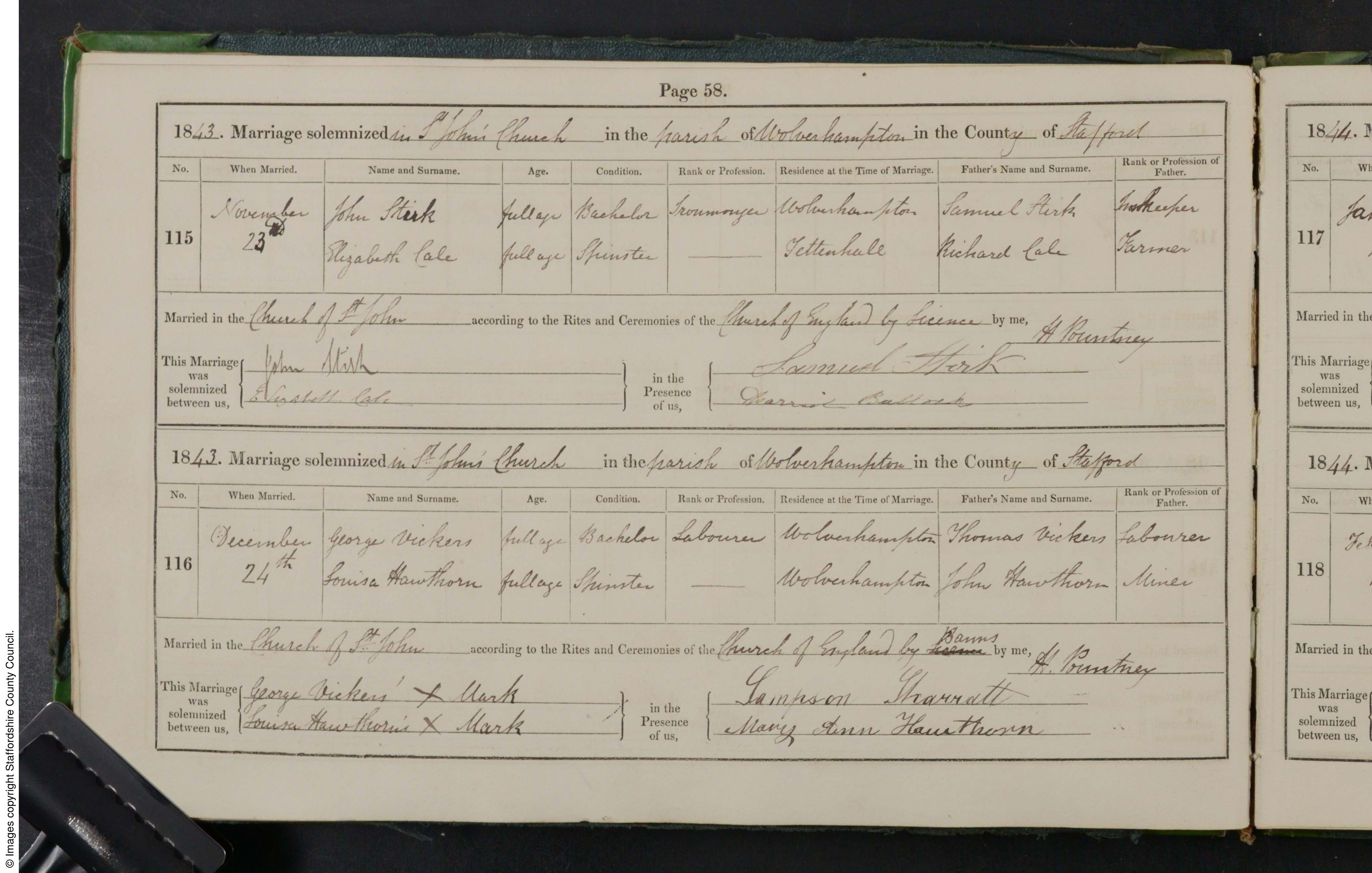 Marriage Wolverhampton, Staffordshire, England (St. John's Church) 23 Nov 1843 John Stirk & Elizabeth Cale