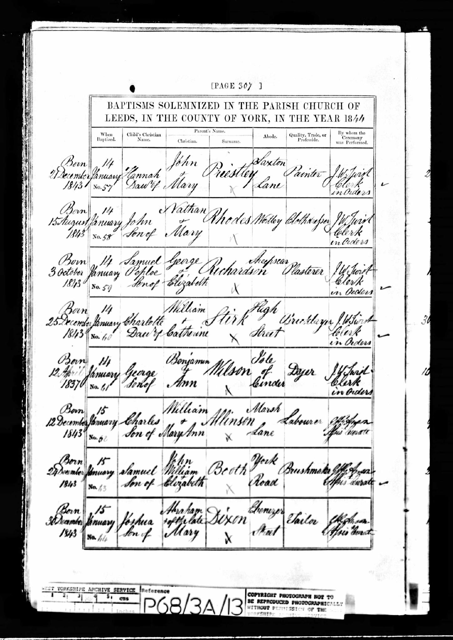 Baptism Leeds, Yorkshire West Riding, England (St. Peter's Church (Parish)) 14 Jan 1844 Charlotte Stirk