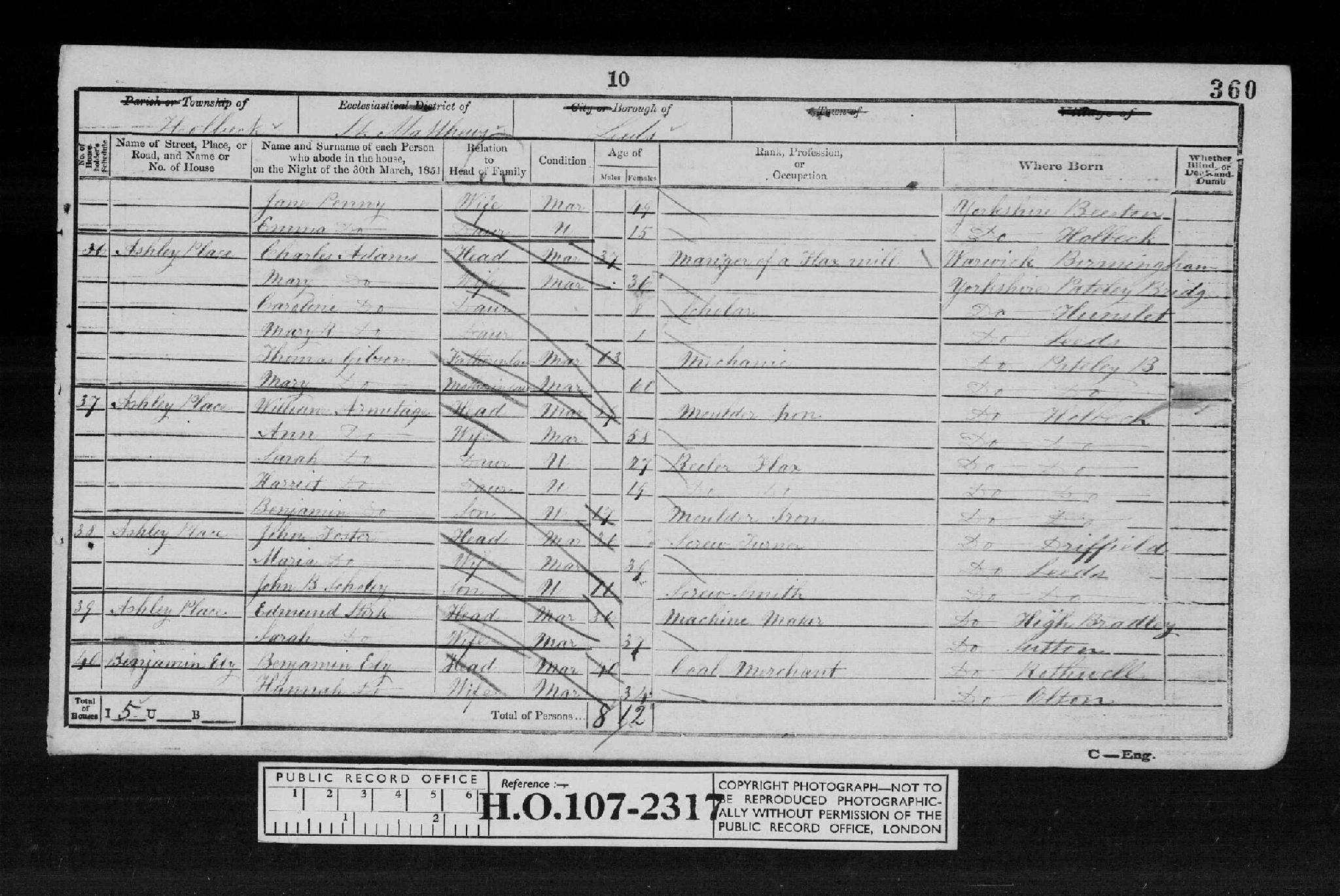 Census 1851 Holbeck, Yorkshire West Riding, England HO107-2317 Folio-360 Page-010 Schedule-039