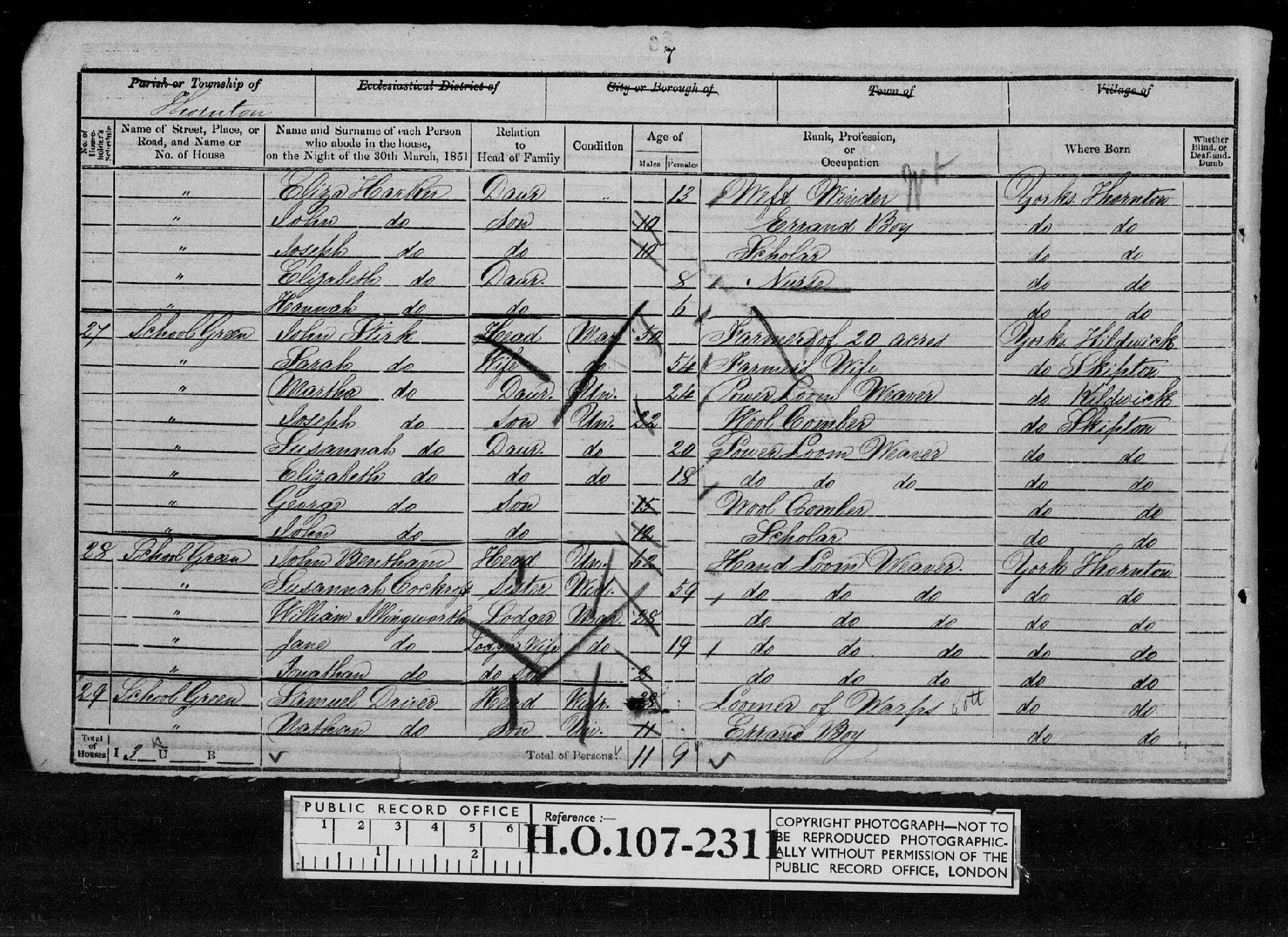 Census 1851 Thornton, Yorkshire, England HO107-2311 Folio-007 Page-007 Schedule-027