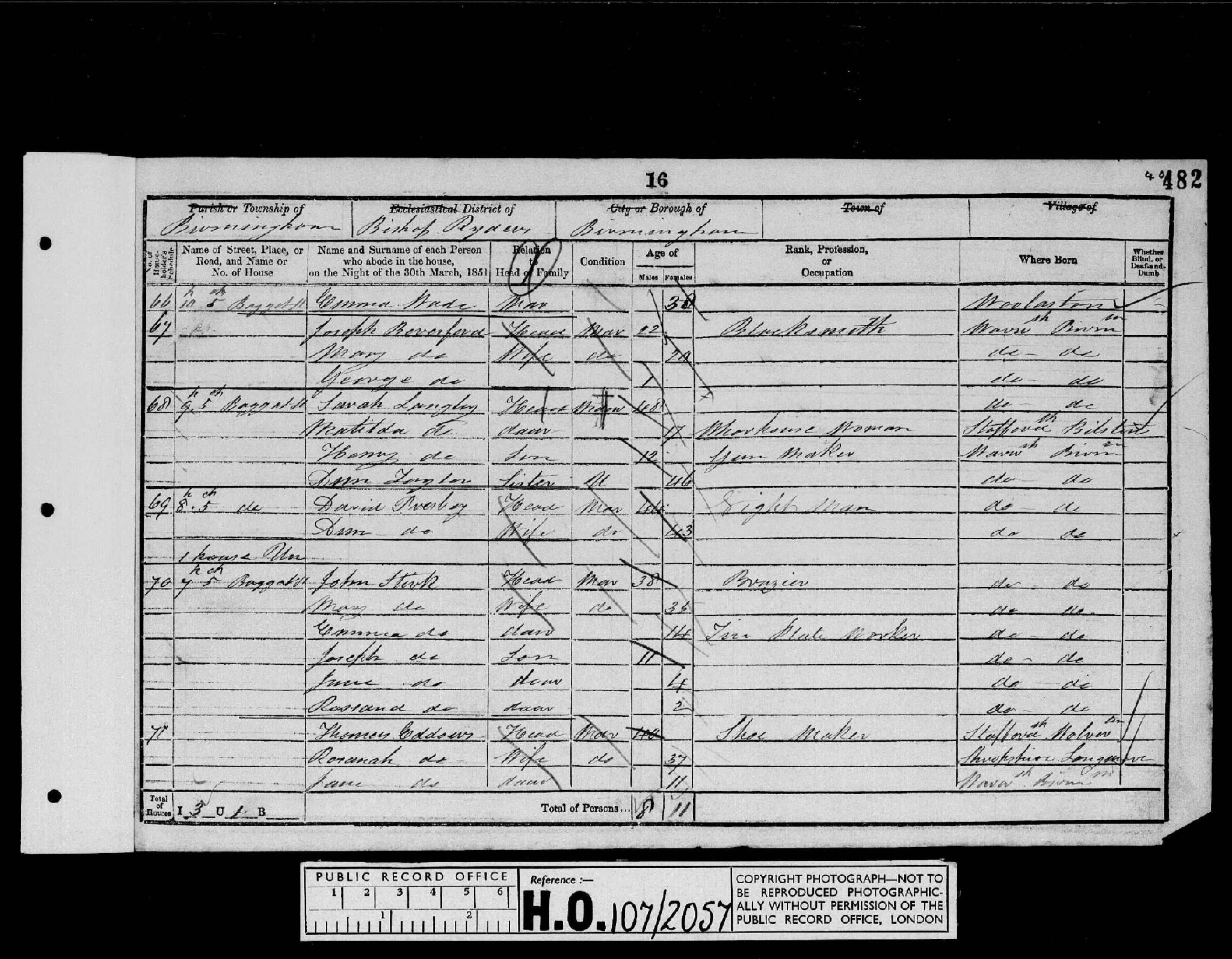 Census 1851 Birmingham, Warwickshire, England HO1072057 Folio-482 Page-016 Schedule-070