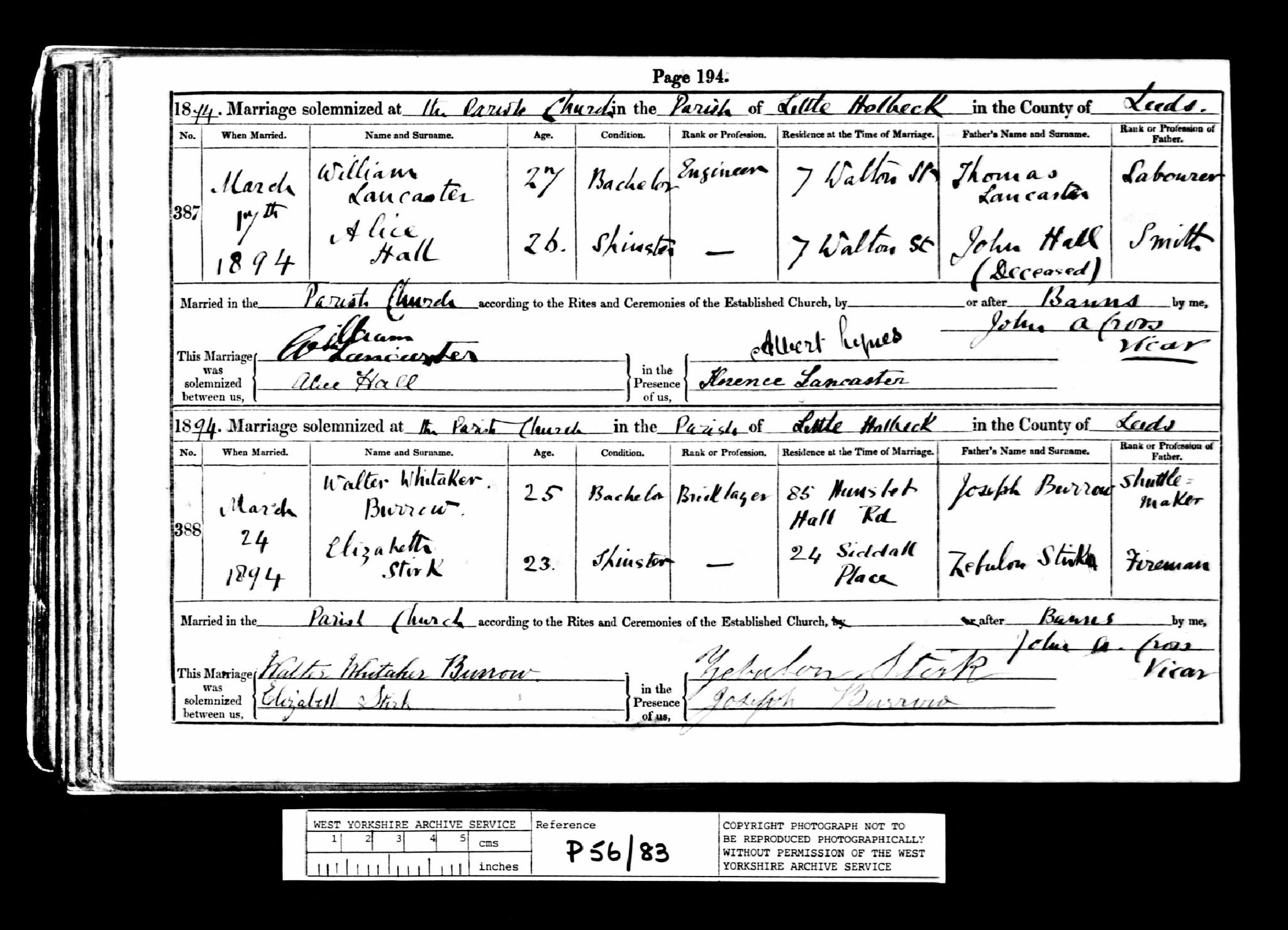 Marriage Holbeck, Yorkshire West Riding, England (St. John and St. Barnabas) 13 Sep 1891 Walter Whitaker Burrow & Elizabeth Stirk