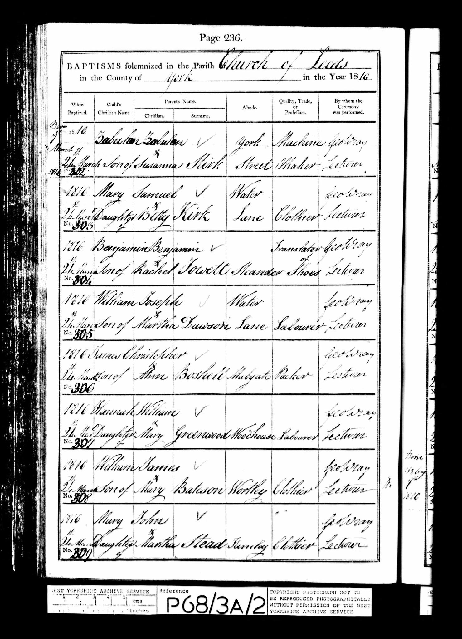 Baptism Leeds, Yorkshire West Riding, England (St. Peter's Church (Parish)) 24 Mar 1816 Zebulon Stirk