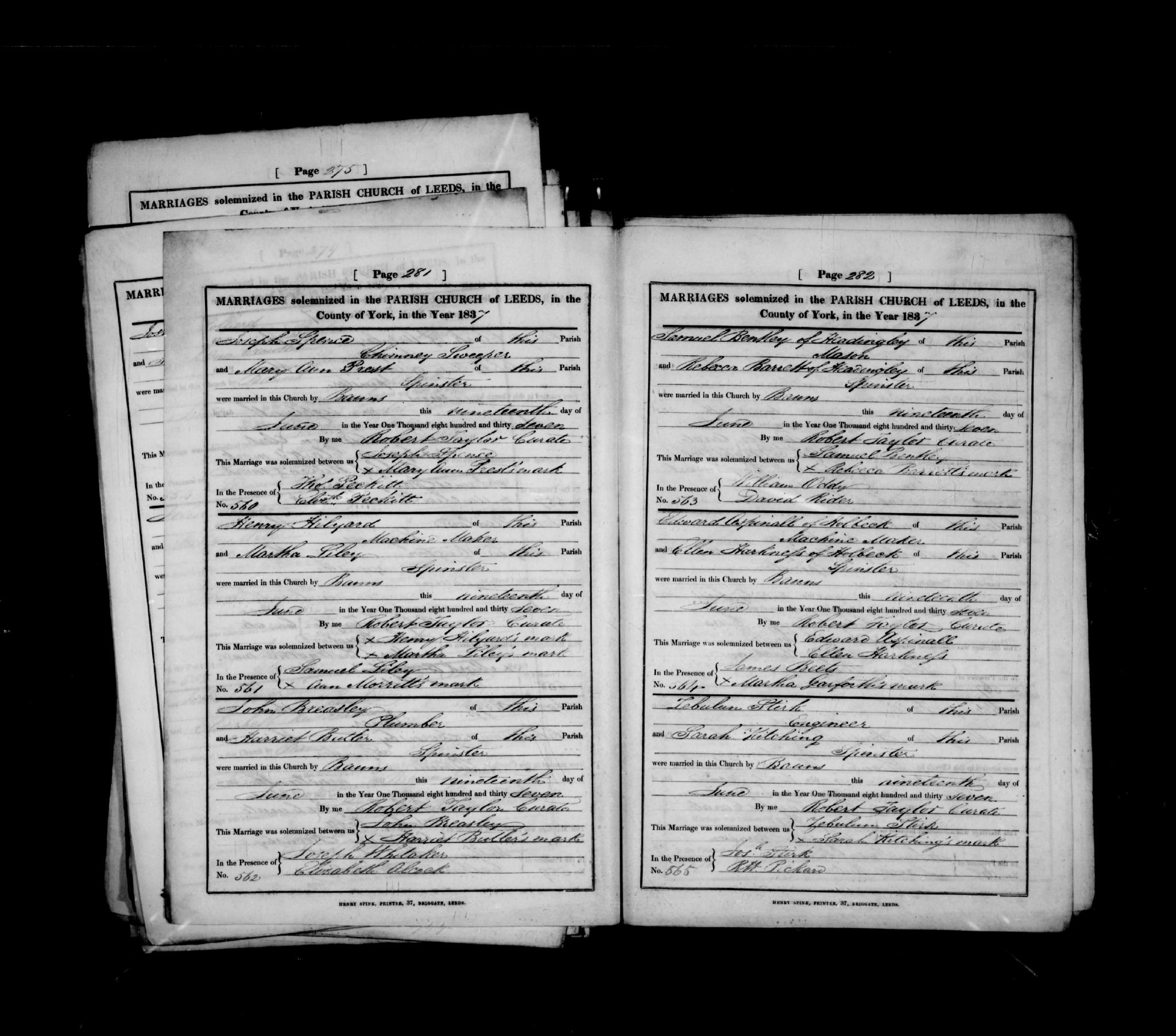 Marriage Leeds, Yorkshire West Riding, England (St. Peter's Church (Parish)) 19 Jun 1837 Zebulon Stirk & Sarah Kitching