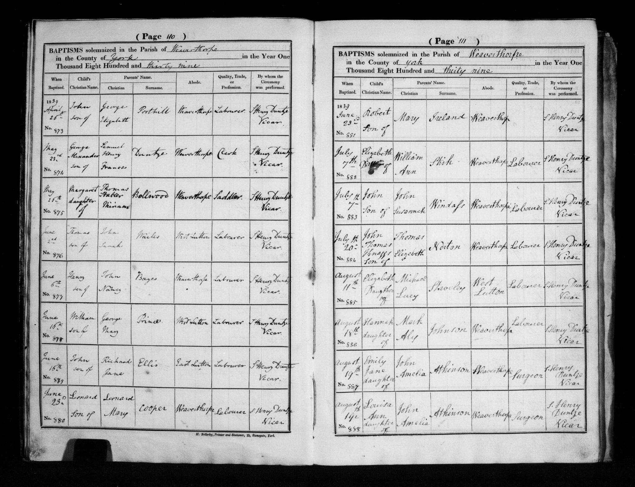 Baptism Weaverthorpe, Yorkshire, England (St. Andrews) 7 Jul 1839 Elizabeth Stirk